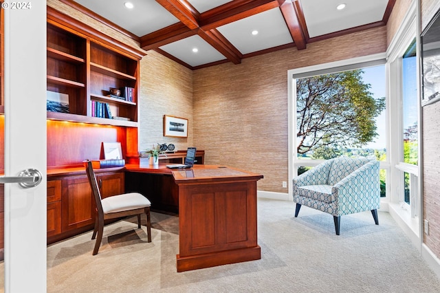 home office featuring coffered ceiling, built in desk, beamed ceiling, and light carpet