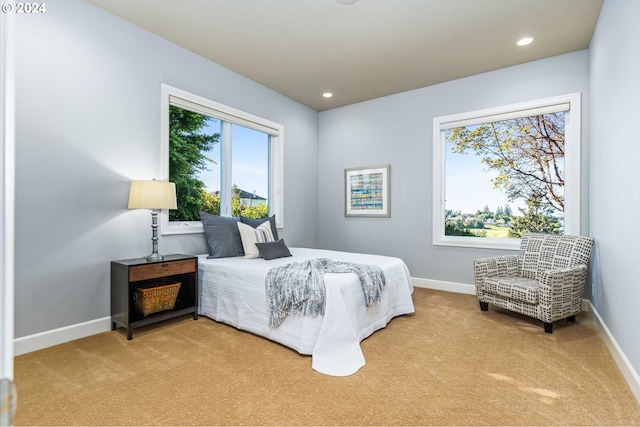 bedroom with multiple windows and light colored carpet