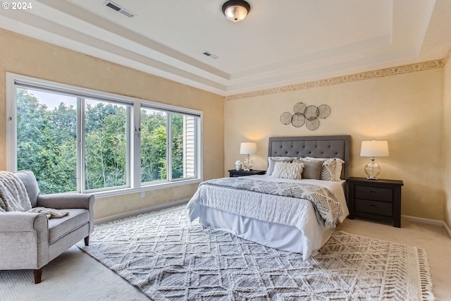 bedroom with light carpet, a raised ceiling, and multiple windows