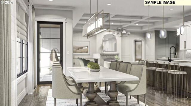 dining area with crown molding, beam ceiling, coffered ceiling, and dark wood-type flooring