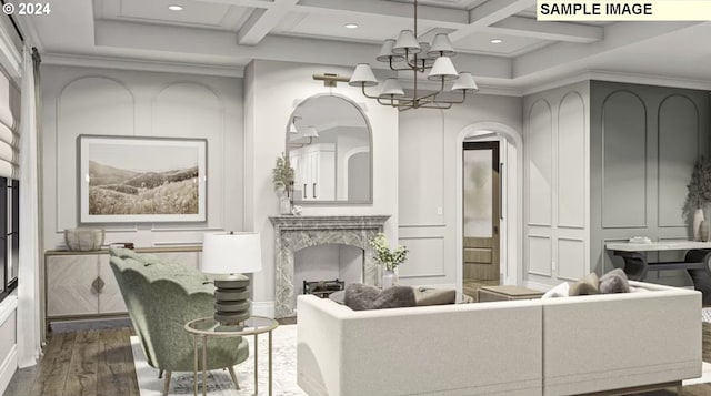 interior space featuring a premium fireplace, dark wood-type flooring, coffered ceiling, and a chandelier