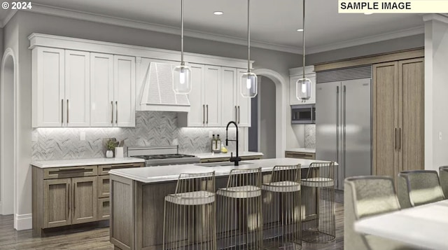 kitchen with an island with sink, pendant lighting, appliances with stainless steel finishes, premium range hood, and white cabinetry