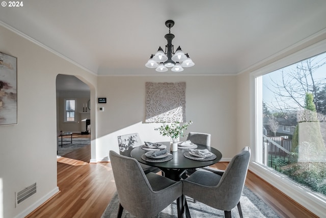 dining area with hardwood / wood-style flooring, plenty of natural light, and a notable chandelier