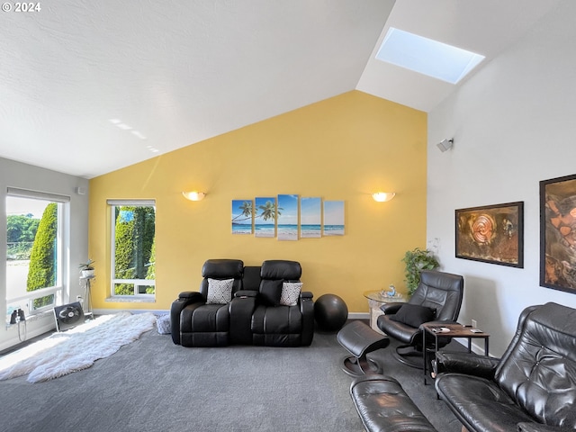 carpeted cinema room featuring vaulted ceiling with skylight