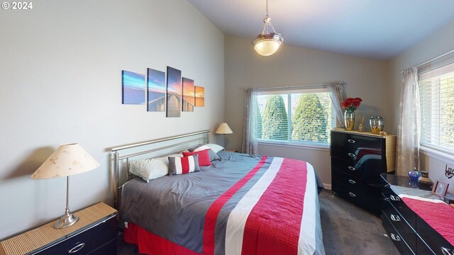 carpeted bedroom with lofted ceiling