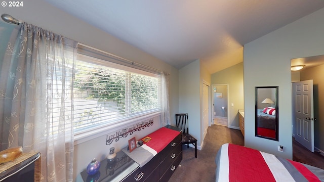 carpeted bedroom featuring vaulted ceiling