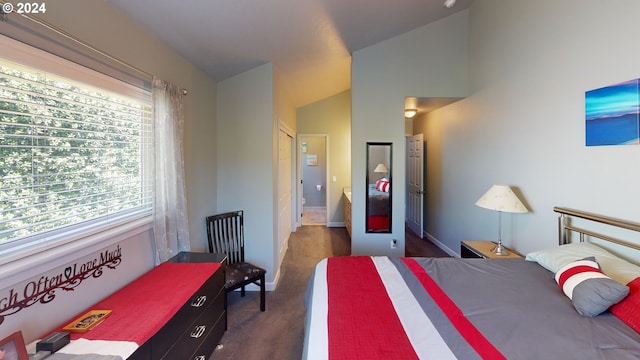 bedroom with dark colored carpet and lofted ceiling