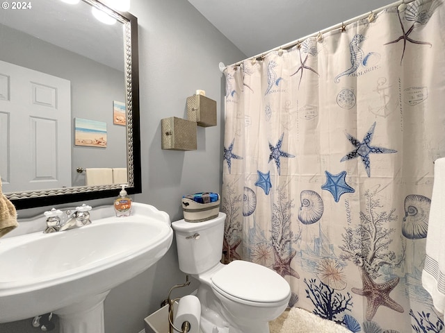 bathroom featuring a shower with curtain, toilet, and sink