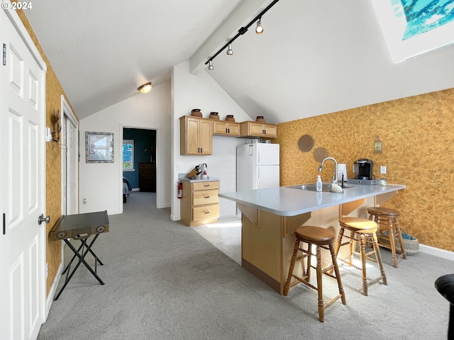 kitchen with a breakfast bar, rail lighting, sink, white fridge, and kitchen peninsula