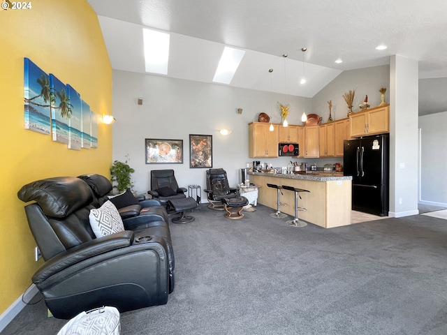 living room featuring light colored carpet and lofted ceiling