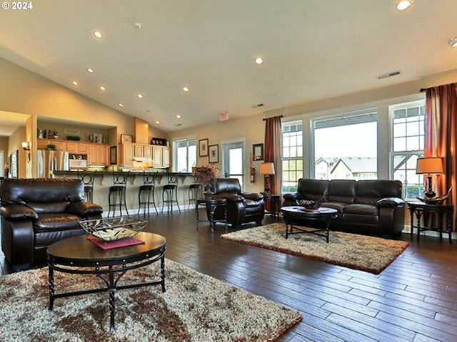 living room featuring vaulted ceiling and dark hardwood / wood-style floors