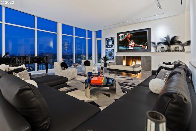 living room with expansive windows and rail lighting