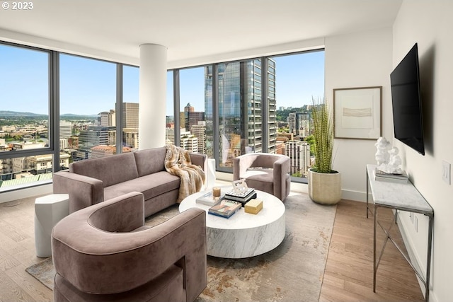 living room featuring light hardwood / wood-style floors and a wall of windows