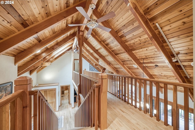 bonus room with vaulted ceiling with beams, wooden ceiling, and light hardwood / wood-style floors