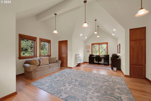 living room with beamed ceiling, high vaulted ceiling, and light wood-type flooring