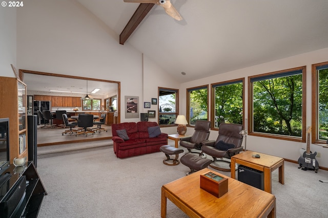 living room with high vaulted ceiling, carpet, beamed ceiling, and ceiling fan