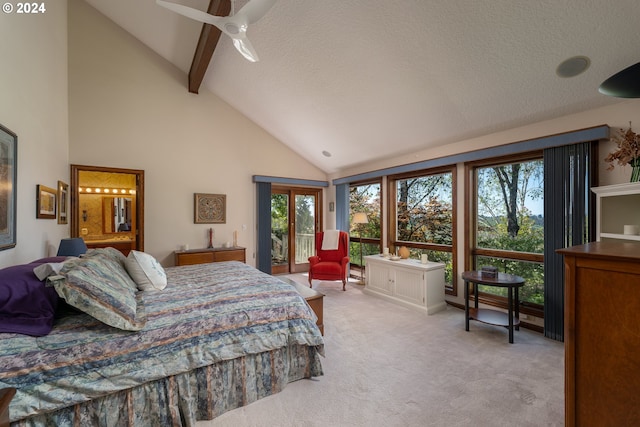 bedroom with a textured ceiling, carpet flooring, ceiling fan, and high vaulted ceiling