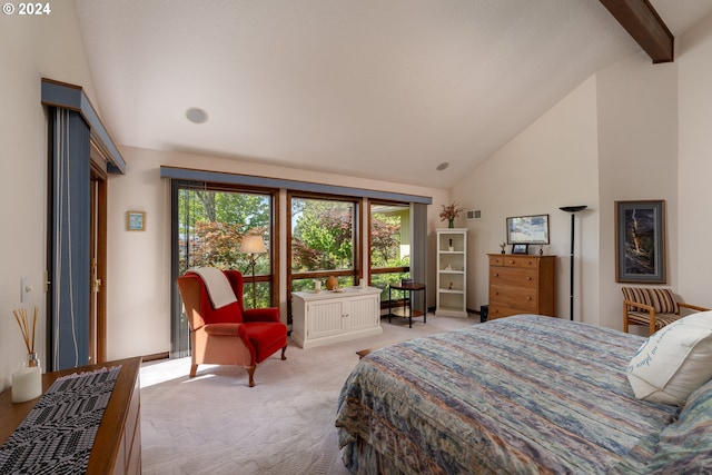 bedroom featuring beamed ceiling, high vaulted ceiling, and carpet