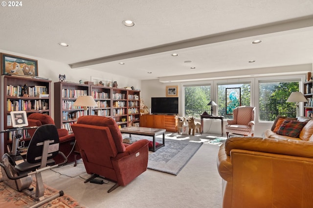 living room featuring light colored carpet, a textured ceiling, and beam ceiling