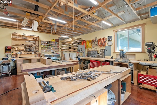 miscellaneous room featuring dark hardwood / wood-style flooring and a workshop area