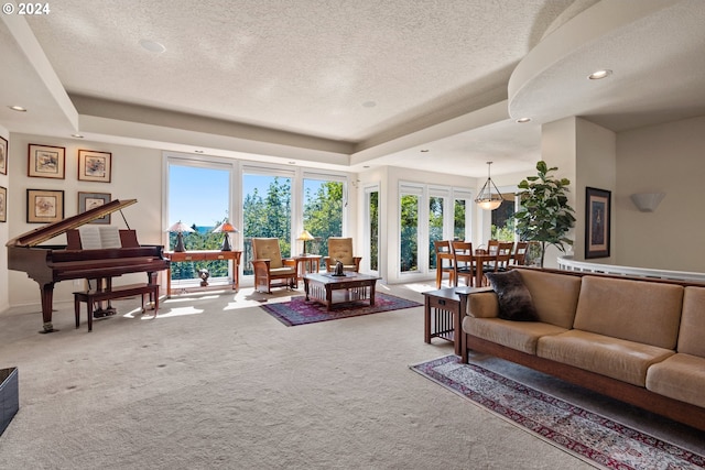 carpeted living room featuring a textured ceiling and a raised ceiling