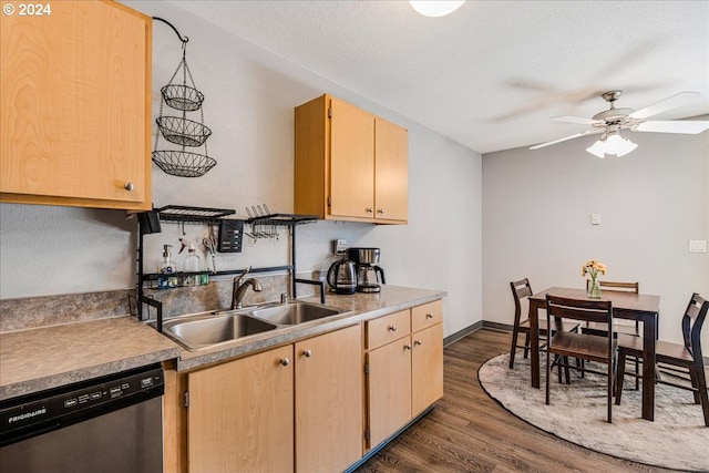 kitchen with dishwasher, dark hardwood / wood-style floors, sink, light brown cabinets, and ceiling fan