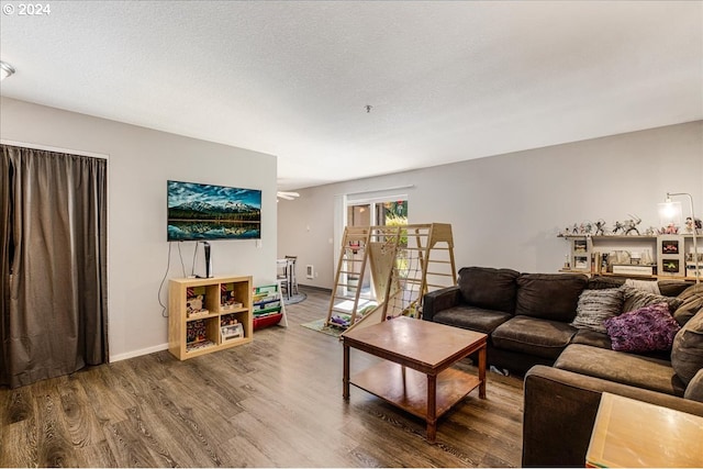 living room featuring a textured ceiling and hardwood / wood-style flooring