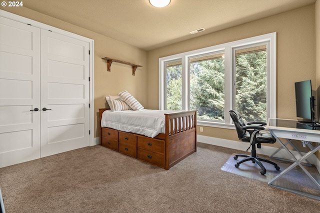 carpeted bedroom with a closet