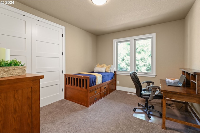 bedroom featuring light colored carpet, a textured ceiling, and a closet