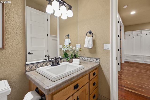 bathroom with hardwood / wood-style floors and vanity