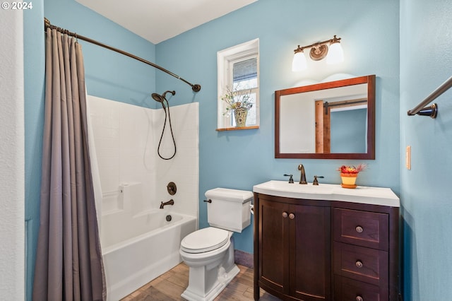 full bathroom featuring toilet, vanity, shower / tub combo, and hardwood / wood-style flooring