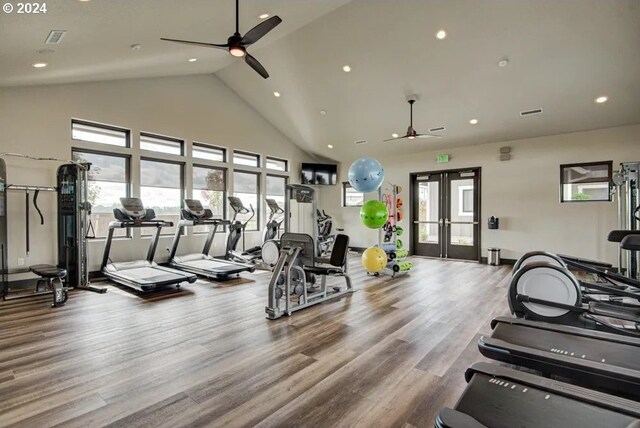 exercise room featuring hardwood / wood-style flooring, high vaulted ceiling, and ceiling fan