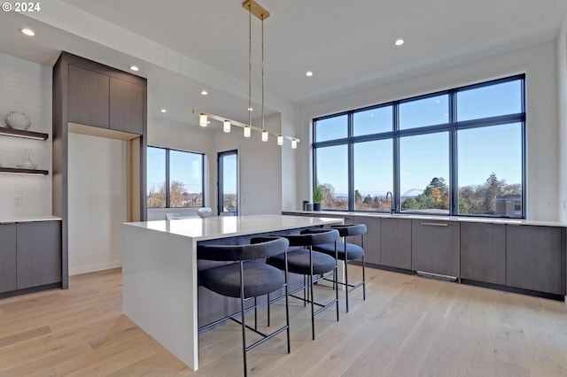 kitchen featuring a wealth of natural light, a center island, pendant lighting, and light hardwood / wood-style flooring