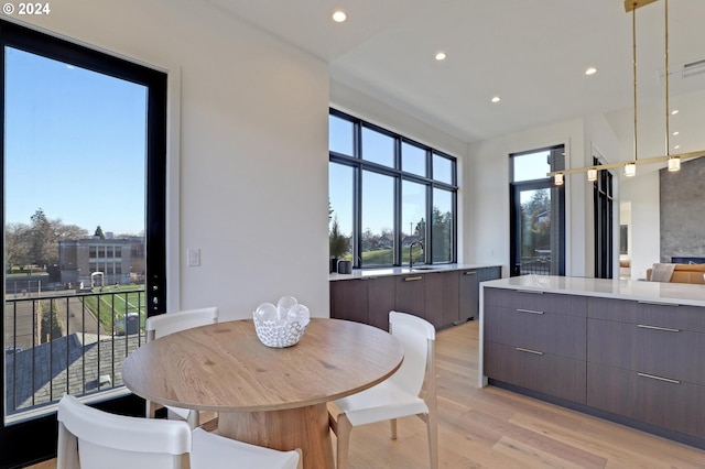 dining space with light wood-type flooring and sink