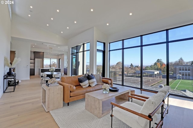 living room with light hardwood / wood-style flooring and high vaulted ceiling