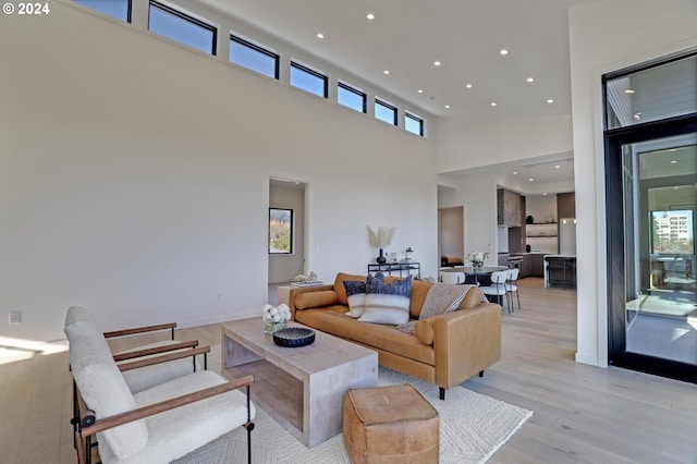 living room featuring a towering ceiling and light hardwood / wood-style floors