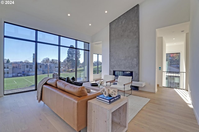 living room featuring a large fireplace, light hardwood / wood-style flooring, and high vaulted ceiling