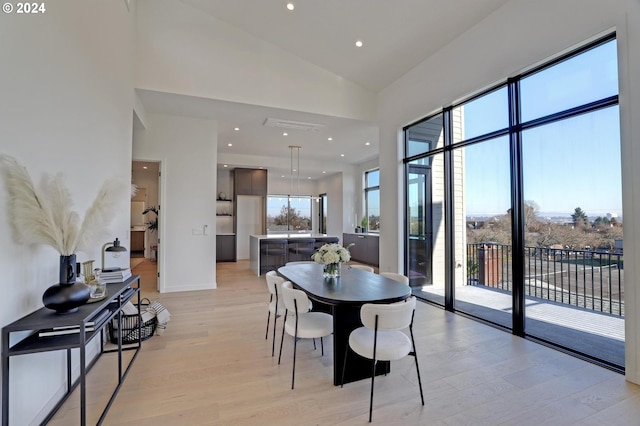 dining room featuring light hardwood / wood-style floors and high vaulted ceiling