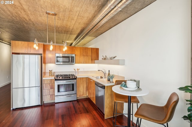 kitchen with sink, hanging light fixtures, stainless steel appliances, and dark hardwood / wood-style flooring