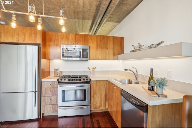 kitchen with stainless steel appliances, sink, and dark hardwood / wood-style floors