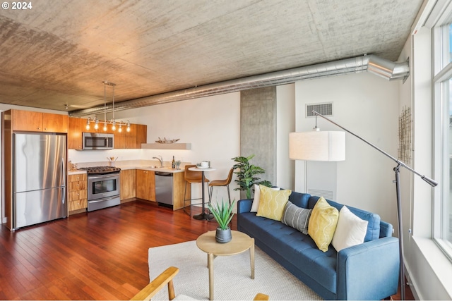 living room featuring a healthy amount of sunlight, sink, and dark hardwood / wood-style floors