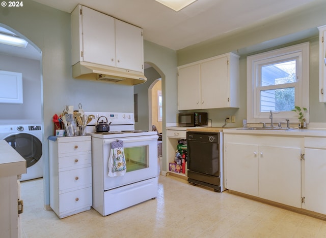 kitchen with white cabinetry, sink, black appliances, and washer / dryer