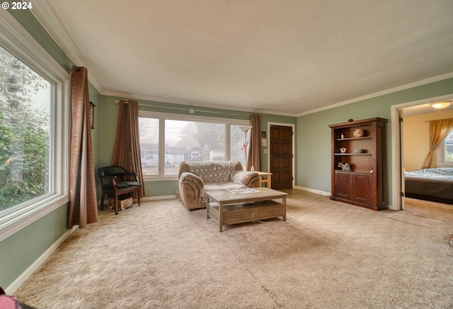 carpeted living room featuring a wealth of natural light and ornamental molding