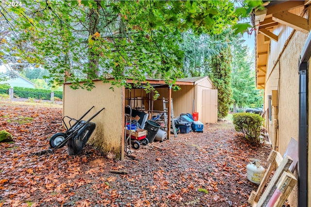 exterior space featuring a shed