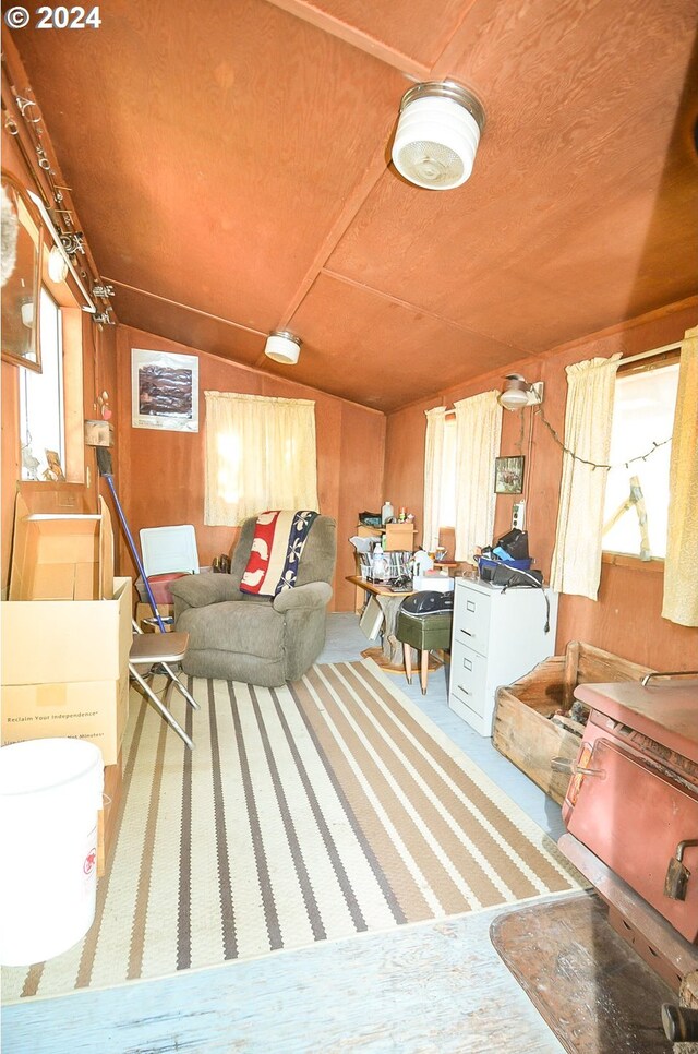 interior space with wood walls and vaulted ceiling