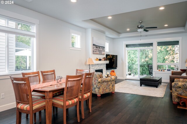 dining space featuring plenty of natural light, a tray ceiling, wood-type flooring, and a stone fireplace