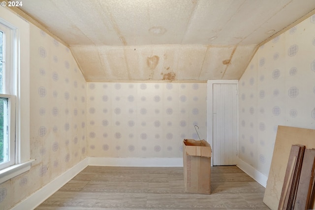 additional living space with light hardwood / wood-style flooring, a textured ceiling, and vaulted ceiling