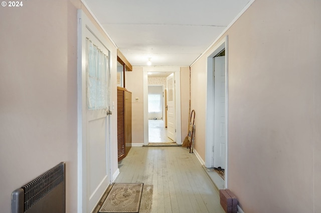 hallway with radiator heating unit and light hardwood / wood-style floors