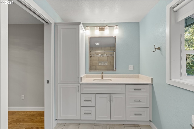 bathroom featuring vanity, wood-type flooring, and a textured ceiling