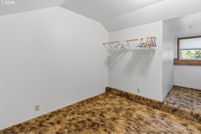 walk in closet with carpet and vaulted ceiling